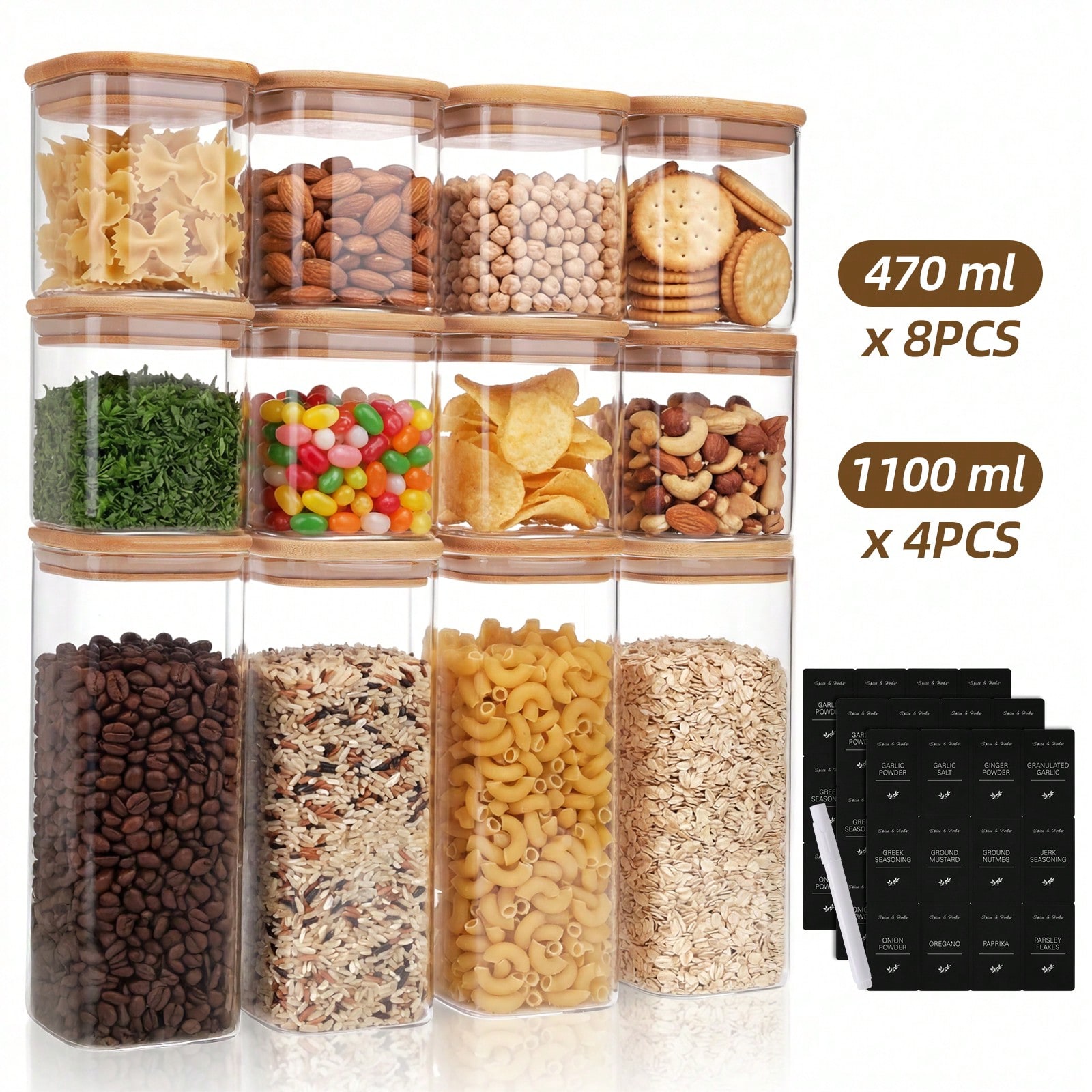 Kitchen Baking Canisters - 12pcs Glass Food Storage Containers With